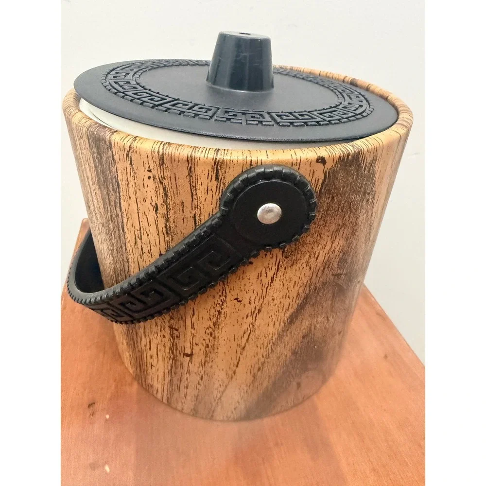 Vintage Mid Century Modern Ice Bucket Greek Key Faux Wood Grain Retro Barware